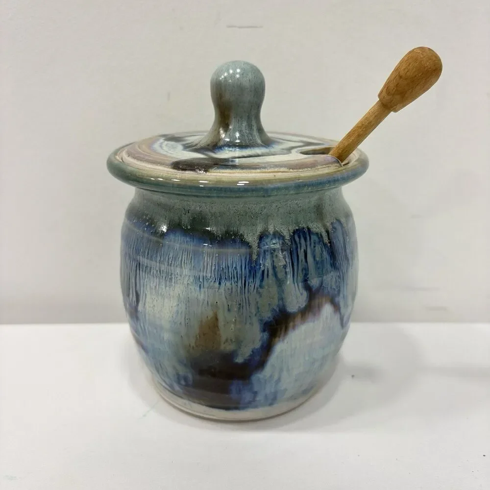 Stoneware glazed Honey Pot with Hand Turned Wooden Honey Stick Server Gorgeous
